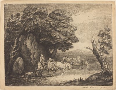 2 つのカントリー カートとフィギュアのある樹木が茂った風景 作： Thomas Gainsborough
