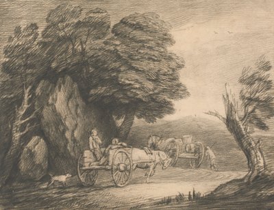 2 つのカントリー カートとフィギュアのある樹木が茂った風景 作： Thomas Gainsborough