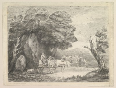 2つのカントリーカートとフィギュアのある森の風景、1797年8月1日。 作： Thomas Gainsborough