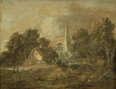 村の風景のある樹木が茂った風景 作： Thomas Gainsborough