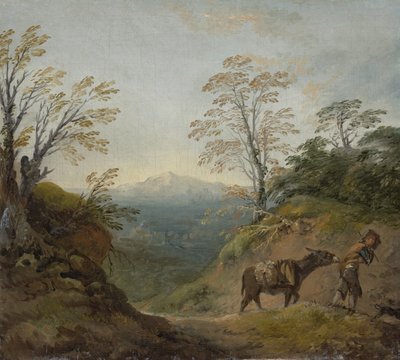 1760年代初頭、ロバと犬を主導する少年と、建物と遠くの丘に広がる広大なパノラマの森の風景 作： Thomas Gainsborough