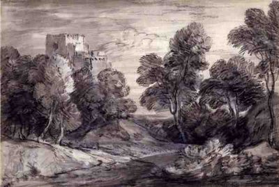 城のある森の風景」（紙にチョークと木炭） 作： Thomas Gainsborough