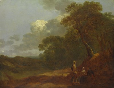 2 人の座っている女性と話している男性のいる樹木が茂った風景、カリフォルニア州。 1745年。 作： Thomas Gainsborough