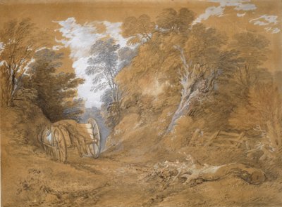カートに乗って眠る農民の少年がいる森の風景 18世紀 作： Thomas Gainsborough
