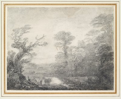 牧夫、牛、教会の塔のある森の風景 作： Thomas Gainsborough