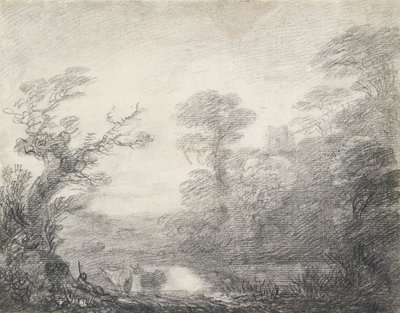 牧夫、牛、教会の塔のある樹木が茂った風景、1753-1757 作： Thomas Gainsborough