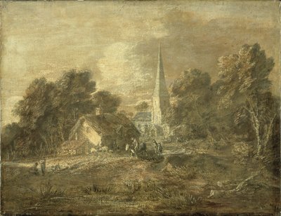 1770-72年初頭の村の風景のある緑豊かな風景 作： Thomas Gainsborough