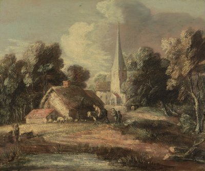 コテージと教会のある風景 作： Thomas Gainsborough RA