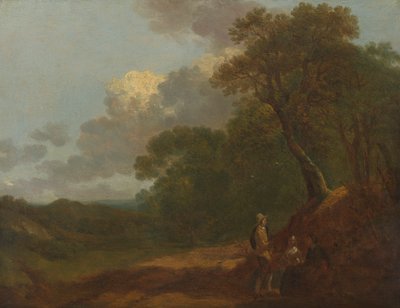座っている 2 人の女性と話している男性のいる樹木が茂った風景 作： Thomas Gainsborough RA