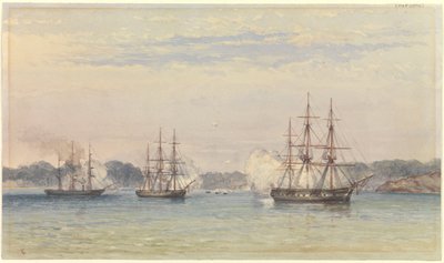 中国戦争（1857年）、3隻のHM艦が砲撃し、艦艇が接岸する 作： Thomas Goldsworth Dutton