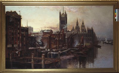 ロンドン、テムズ川から国会議事堂を望む（油彩・キャンバス 作： Thomas Greenhalgh