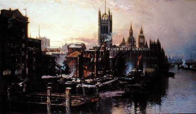 ロンドン、テムズ川からの国会議事堂の眺め（油彩・キャンバス 作： Thomas Greenhalgh