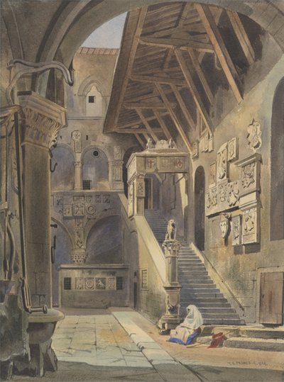バルジェッロの宮廷、フィレンツェ、1839年（紙にインクと鉛筆でトイレ） 作： Thomas Hartley Cromek