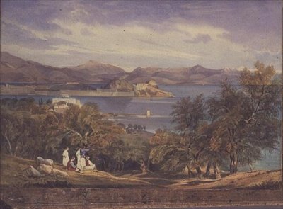 アナリプシスから見たコルフ島の城塞（水彩画） 作： Thomas Hartley Cromek