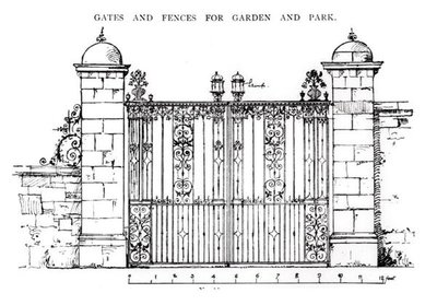 1900年に出版された「The Art and Craft of Garden Making」より、庭や公園のためのゲートやフェンス（リトグラフ）（モノクロ写真） 作： Thomas Hayton Mawson