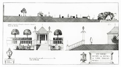 サウスポート：1911年に出版されたThomas Mawsonの「Studies in Town Planning」からの上部テラスと壁のセクションと詳細 作： Thomas Hayton Mawson