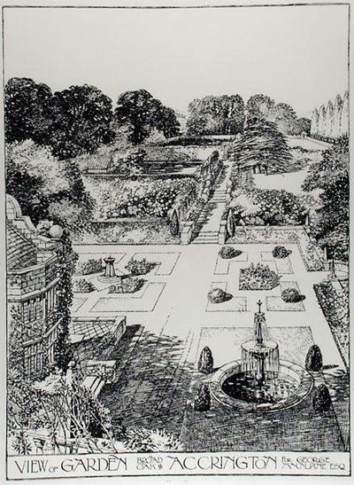 The Art and Craft of Garden Making」（Thomas Mawson著、1900年刊）より、AccringtonのBroad Oakにある庭園の眺め（彫刻）（モノクロ写真 作： Thomas Hayton Mawson