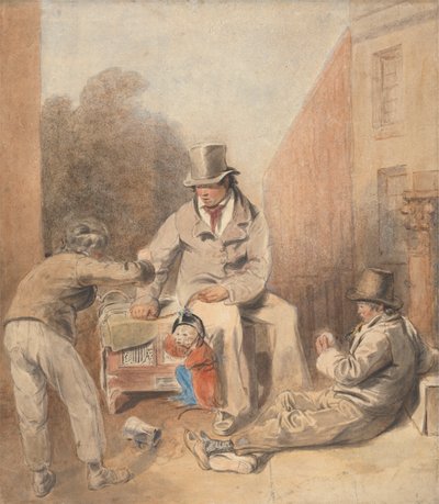 ストリート オルガンとサルを持つ男性と子供たち 作： Thomas Heaphy