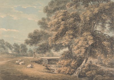 レスターシャーのコールオートン ホールにある公園の木々と川 作： Thomas Hearne