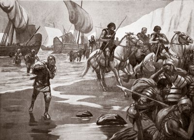 カエサルの第二次上陸、紀元前54年、「ハッチンソンのイギリス国家物語」の挿絵、1920年頃（リトグラフ）。 作： トーマス・ヒース・ロビンソン