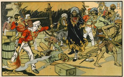 デリーでの雑誌破壊（カラーリトグラフ） 作： Thomas Heath Robinson