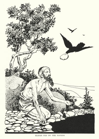 カラスに餌付けされるイライジャ（リトグラフ） 作： Thomas Heath Robinson
