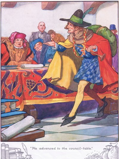 彼は評議会のテーブルに進んだ（カラーリトグラフ） 作： Thomas Heath Robinson