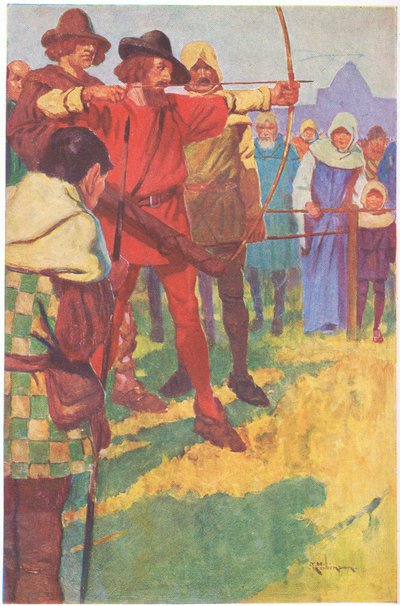 一瞬弓を構え、弦を緩めた（カラーリトグラフ） 作： Thomas Heath Robinson