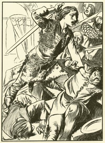 ノルマン人を攻撃するヘレワードとその部下たち（エングレーヴィング） 作： Thomas Heath Robinson