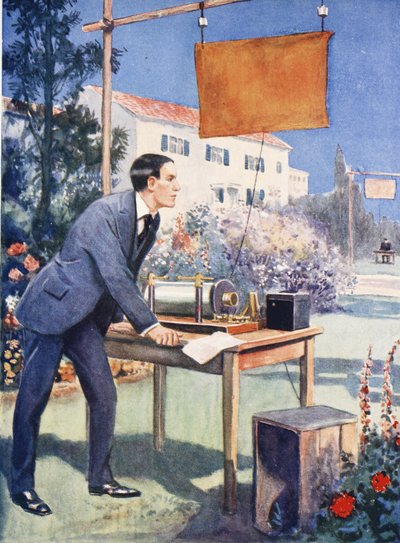 マルコーニの初期の実験のひとつ（カラーリトグラフ） 作： Thomas Heath Robinson