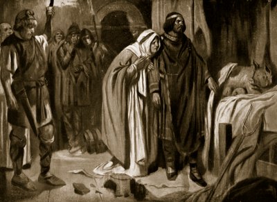 ウェセックス王国のイネに王位を辞するよう説得するエセルブルガ女王、728年、「ハッチンソンの英国国家物語」の挿絵、1920年頃（リトグラフ）。 作： Thomas Heath Robinson