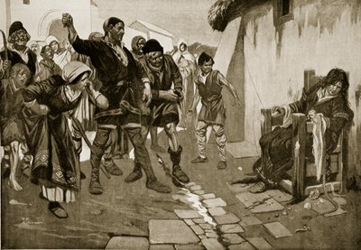 ノルマン時代のカッキング・スツール、「ハッチンソンの英国国家物語」の挿絵、1920年頃（リトグラフ）。 作： トーマス・ヒース・ロビンソン