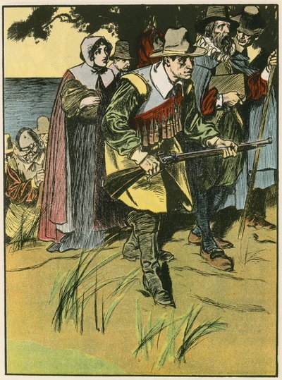 新世界に入るピルグリム・ファーザーズ（カラーリトグラフ） 作： Thomas Heath Robinson