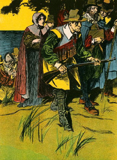 新世界に入るピルグリム・ファーザーズ（カラーリトグラフ） 作： Thomas Heath Robinson