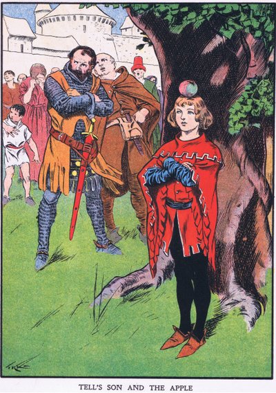 ウィリアム・テルの息子とリンゴ（カラーリトグラフ） 作： Thomas Heath Robinson