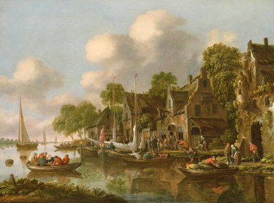 17世紀の居酒屋によるボートと人物のいる川の風景 作： Thomas Heeremans