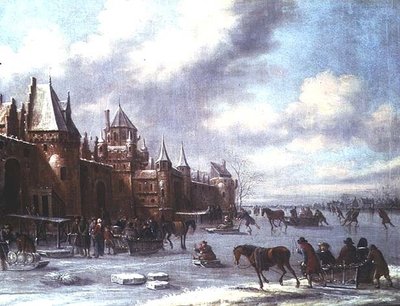 オランダの河口の風景、スケートをする人たちとその向こうにある城 作： Thomas Heeremans