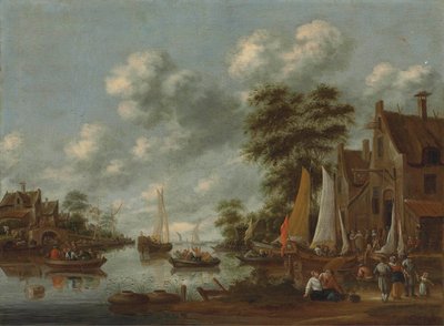 渡し船などのある川の風景、宿のそばで下船する人影 作： Thomas Heeremans