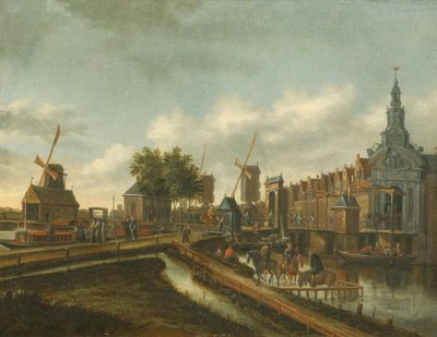アムステルダムの「ハールレム門」、道路やボートに描かれた人物（キャンバスに油彩） 作： Thomas Heeremans