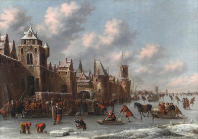 要塞化された町のそばの凍った堀でスケートとそりをする人物のいる冬景色 作： Thomas Heeremans