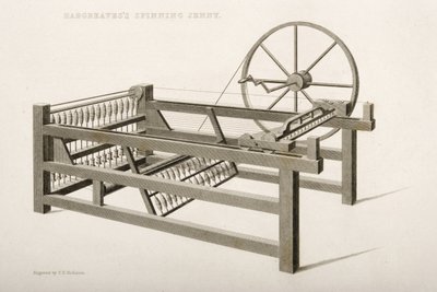 ジェニー・ハーグリーブスが1764年、1835年に発明した紡績ジェニー 作： Thomas Henry Nicholson