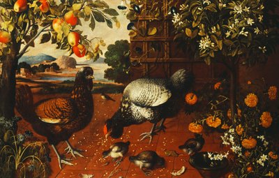 雄鶏、雌鶏および庭の雛、 作： Thomas Hiepes