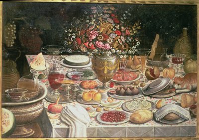 食べ物、飲み物、花瓶のあるテーブルのある静物 作： Thomas Hiepes