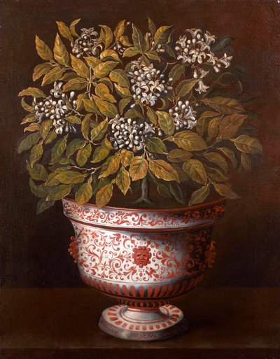 花にオレンジの茂みを持つテラコッタの花瓶 作： Thomas Hiepes