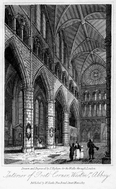 詩人コーナー、ウェストミンスター寺院、ロンドン、1817年の内部。 作： Thomas Higham