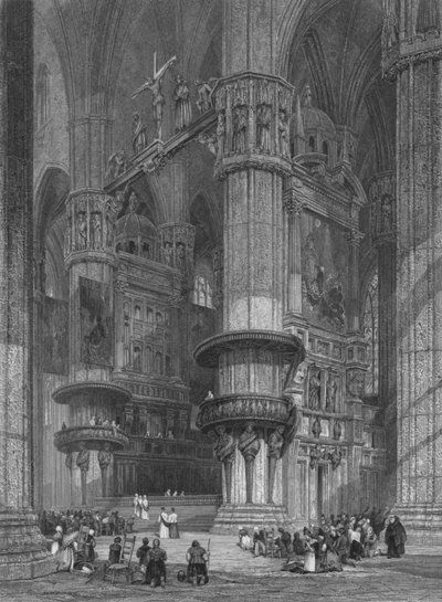 ミラノ大聖堂の内部、1844年に高い祭壇に向かっています。 作： Thomas Higham
