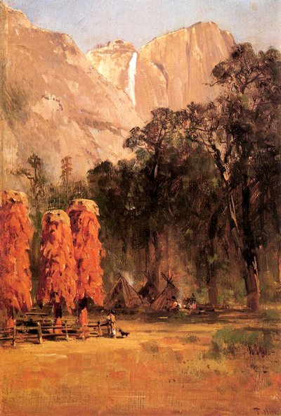 ピューテ族インディアンのどんぐり穀倉、1873年頃（船上に油彩） 作： Thomas Hill