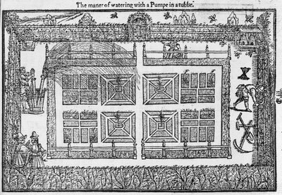 庭師のラビリンス、1577年から、水槽でポンプで水をまくマナー 作： Thomas Hill