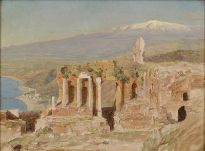 シチリア島のタオルミーナとエトナ山のギリシャ劇場の遺跡の眺め 作： Thomas Hiram Hotchkiss