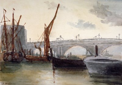 ブラックフライアーズ ブリッジの眺め、前景にボートがある、ロンドン、c1835 作： Thomas Hollis